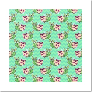 Mermaid Pug Chevron Pattern Posters and Art